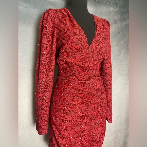Red animal print Black Lined Cocktail Ruched Long Sleeve Mini Dress - Picture 4 of 8